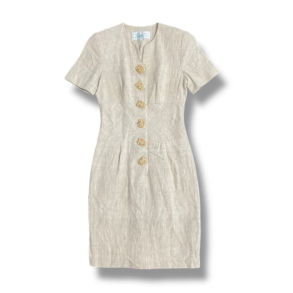 Santa Fe Beige Linen Sheath Dress‎ Size 4 USA Made Button Front Vintage